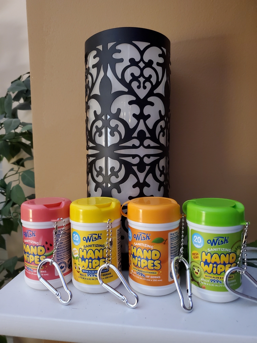 Wish Hand Wipes Refillable Tubs in Pink, Yellow, Orange & Green With Clip